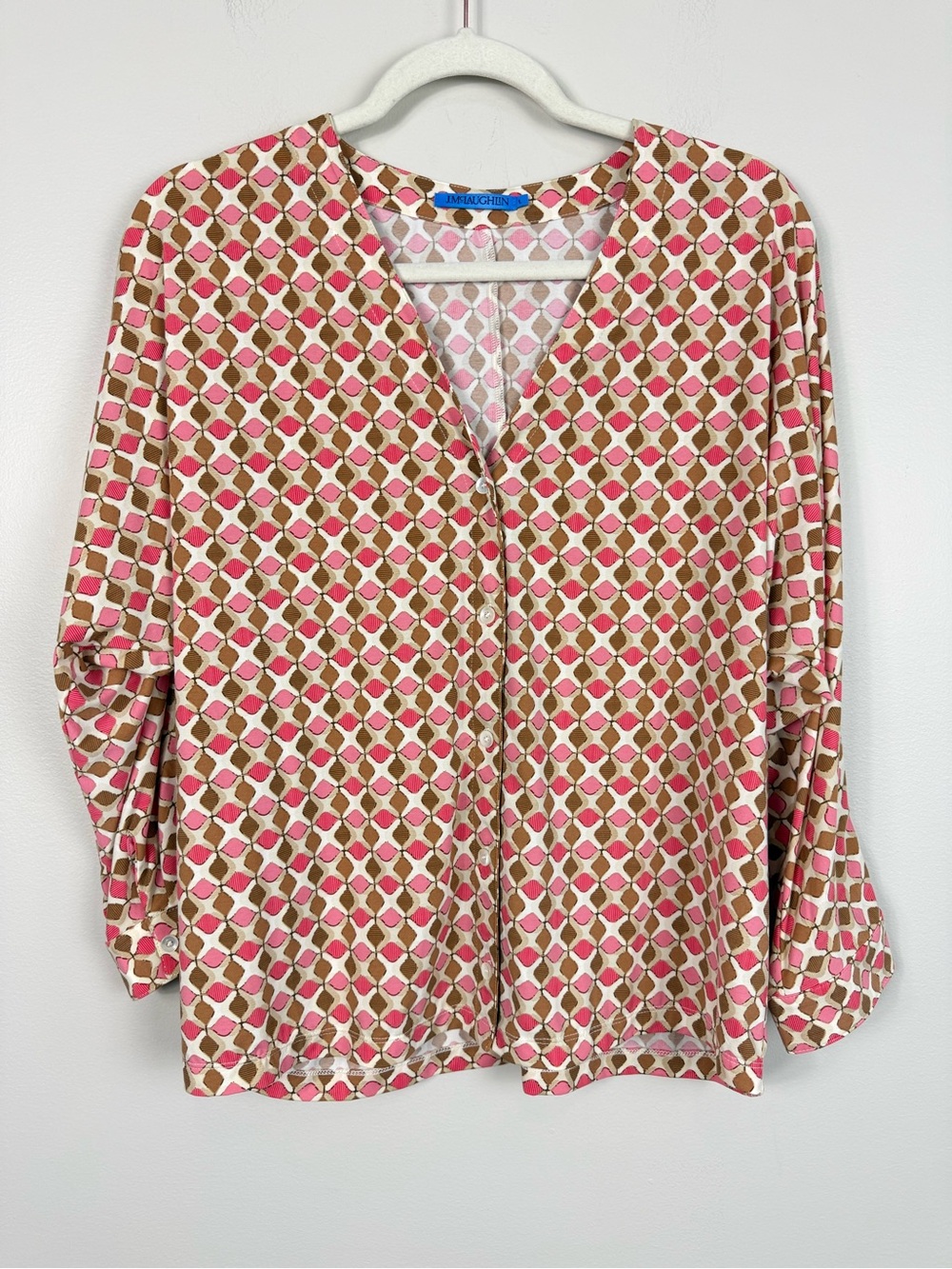 J Mclaughlin Viola Knit Top Womens Large Pattern Pink Tan V-Neck Artsy Geometric
